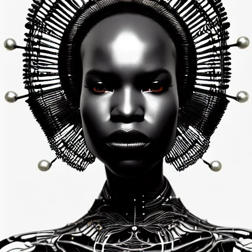 Prompt: portrait of an absurdly beautiful, graceful, sophisticated, fashionable black cyberpunk mechanoid gravure idol, hyperdetailed illustration by irakli nadar, alek wek, matt wisniewski style, intricate linework, dark skin, neon jellyfish headdress, intricate ivory carved ruff, unreal engine 5 highly rendered, global illumination, radiant light, detailed and intricate environment