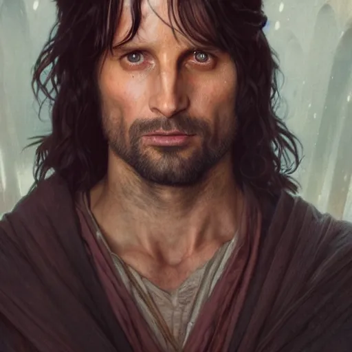 Prompt: a portrait of aragorn cinematic lighting, photorealistic, octane render, 8 k, depth of field, 3 d, art by artgerm and greg rutkowski and alphonse mucha and uang guangjian and gil elvgren and sachin ten