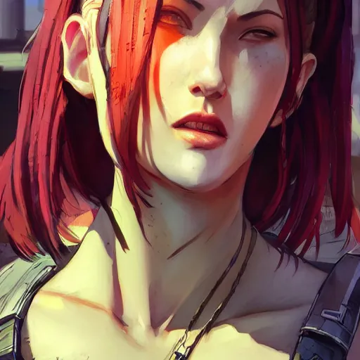 Image similar to concept art character, very high angle view, book cover, very attractive woman with full lips, walking in cyberpunk valley highly realistic, fine details, Anime, realistic shaded lighting by Ilya , WLOP Jeremy Lipkin and Giuseppe Dangelico Pino, Borderlands 3 style, book cover, extremely fine inking lines