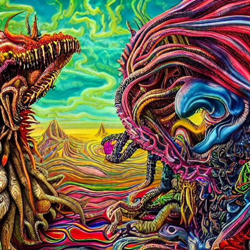 Prompt: a high detailed hyper detailed painting of a spiritual monster with dreadlocks and several eyes, pointy teeth and colorful skin with scales and strange textures, surreal psychedelic cosmic horror