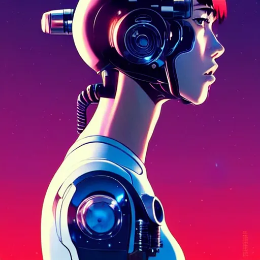 Image similar to side portrait scifi cyborg girl with robotic parts and spacesuit | | head only in center of image, audrey plaza, fine detail!! anime!! realistic shaded lighting!! poster by ilya kuvshinov katsuhiro otomo ghost - in - the - shell, magali villeneuve, artgerm, jeremy lipkin and michael garmash and rob rey