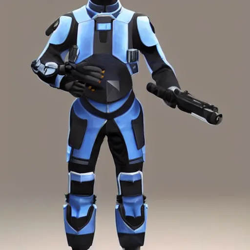 Image similar to a futuristic soldier captain with a metal visor and a blue shoulderpad