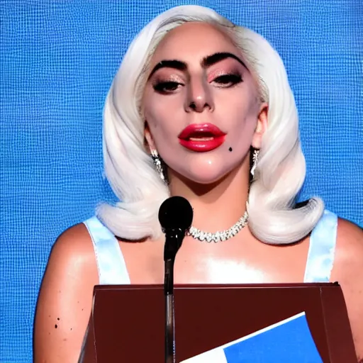 Image similar to Lady Gaga as president, Argentina presidential rally, Argentine flags behind, bokeh, giving a speech, detailed face, Argentina