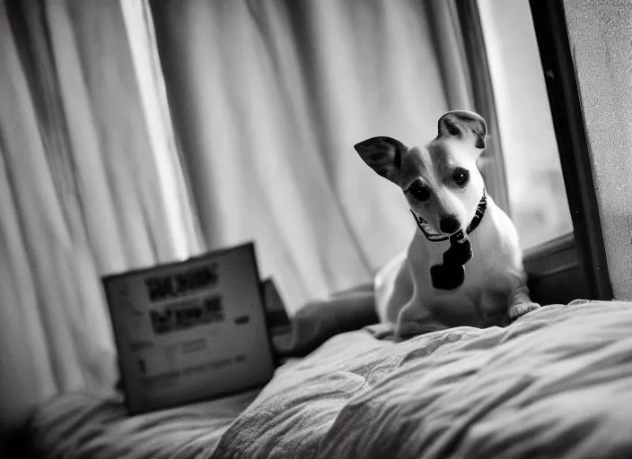 Image similar to photography of a Jack Russel . watching outside the window. on a bed. in a 70's room full of vinyls and posters, photorealistic, award winning photo, 100mm, sharp, high res