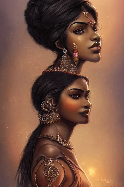 Prompt: A bust of a beautiful black skinned Indian girl with large lips and smooth eyebrows and straight hair, HD, illustration, epic, fantasy, intricate, elegant, amazing detail, digital painting, artstation, concept art, smooth, sharp focus, illustration, art by Turine Tran
