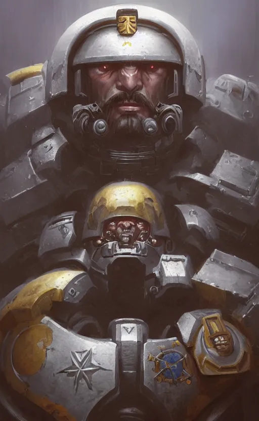 Image similar to portrait of a 4 0 k space marine with a bushy moustache, concept art, moustache, fantasy, highly detailed, cinematic lighting, digital painting by greg rutkowski