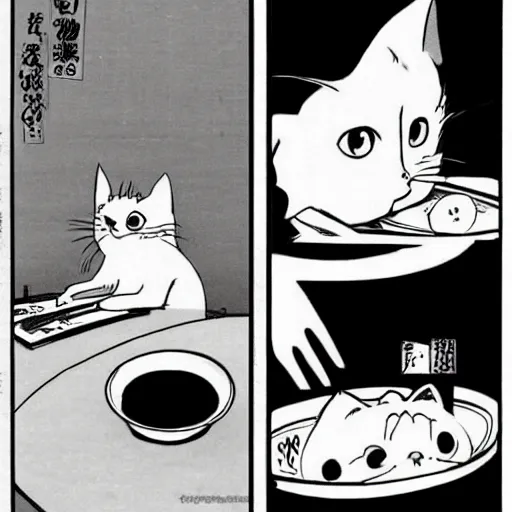 Image similar to manga cat by Hayao Miyazaki eats from a bowl of rice, black and white manga