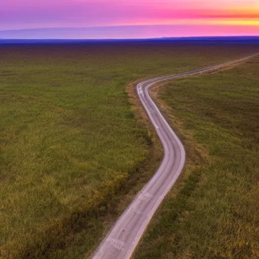 Prompt: wide angle photograph of a road cutting through an empty prairie that leading out into space, twilight, fine details