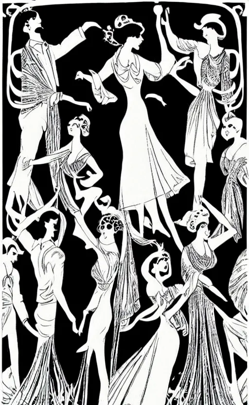 Prompt: “Illustration of a party with people dancing in luxurious house with cocktail glasses in their hands. Art Nouveau style. Printed on grainy paper.”