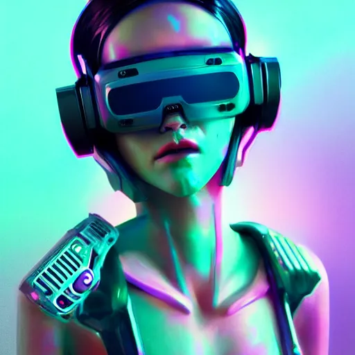 Image similar to cyberpunk concept cool girl cyborg bot, cinema 4 d, galaxy, ufo, space sci - fi, wearing vr goggles, illustration, portrait, pastel neon textured background night, trending on artstation, greg rutkowski, octane rendered, 1 2 k, detailed,