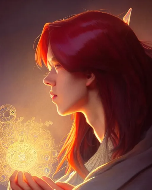 Prompt: side portrait of a university dog, casting magic spell, particles, magic school, red hair, short hair style, book library studying, intricate, sharp focus, heavy lens flare, bloom, rim light, illustration, highly detailed, digital painting, concept art, matte, art by wlop and artgerm and greg rutkowski and alphonse mucha, masterpiece