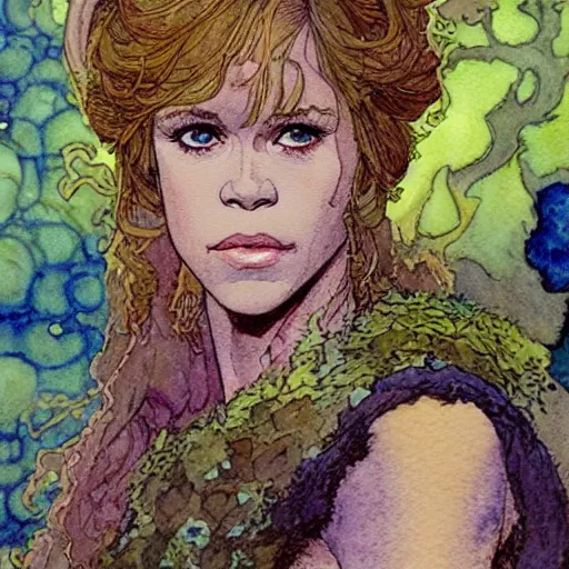 Image similar to a realistic and atmospheric watercolour fantasy character concept art portrait of a young jane fonda in her 2 0 s as a druidic warrior wizard looking at the camera with an intelligent gaze by rebecca guay, michael kaluta, charles vess and jean moebius giraud