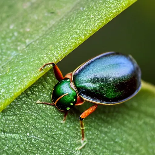 Image similar to green beetle and snail, photorealistic, close - up