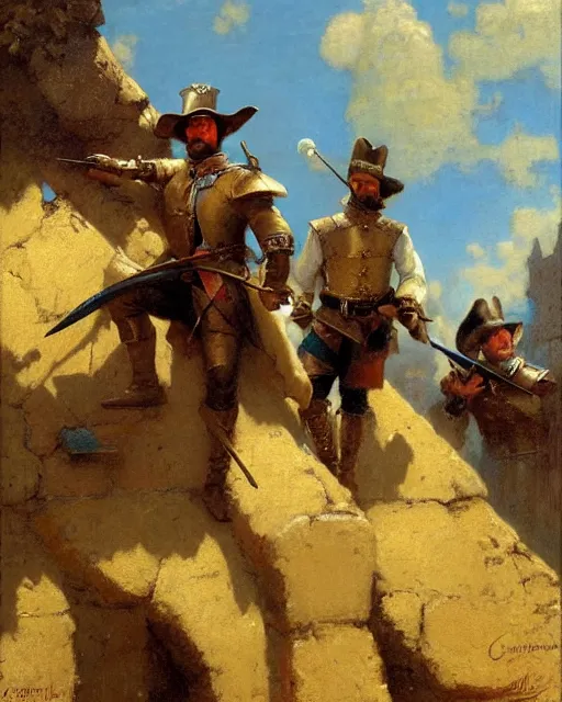 Prompt: attractive musketeer watches an army approach, he is on a castle wall, painting by gaston bussiere, craig mullins, j. c. leyendecker