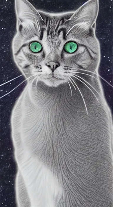 Image similar to highly detailed full body realistic pencil sketch of a beautiful cat with big green eyes in front of the galaxy stars