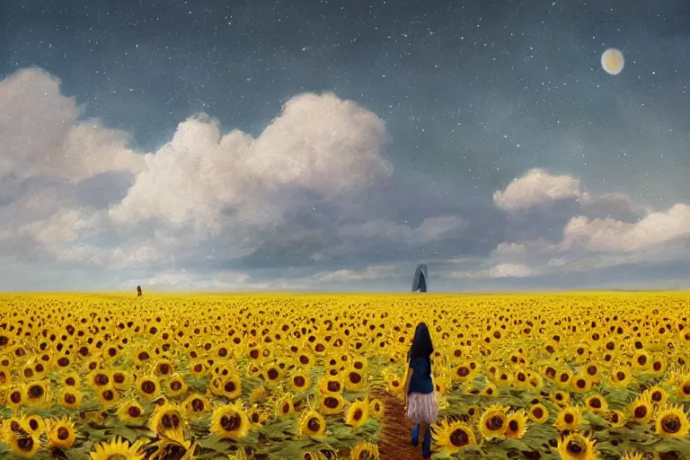 Image similar to giant sunflower as a head, girl walking in wheat field, hills, surreal photography, dark night, star trails, dramatic light, impressionist painting, clouds, digital painting, artstation, simon stalenhag