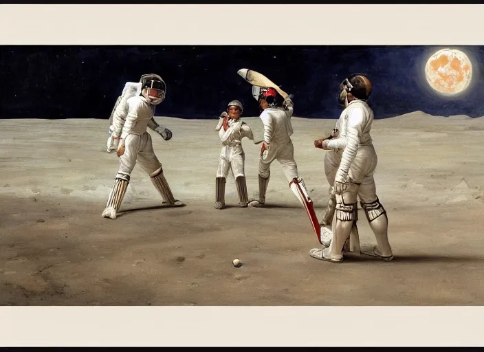 Image similar to a cricket match on the moon by edgar maxence and caravaggio and michael whelan and delacroix style, artistic, intricate painting, cinematic lighting, hyper realistic, extremely detailed, establishing shot, 8 k resolution, dramatic lighting