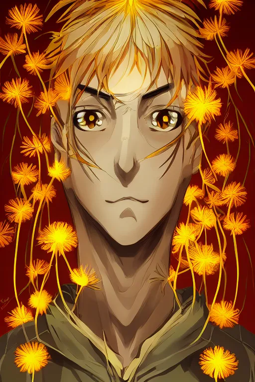 Image similar to amber glowing luminescent dandelion male anime character, symmetrical, highly detailed, digital art, sharp focus, trending on art station, amber eyes, autumnal colours