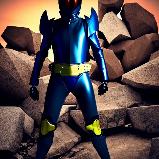 Image similar to breakdancing Kamen Rider snake oil salesman b-boy cowboy standing in a rock quarry, single character full body, 4k, glowing eyes, rock quarry location, daytime, rubber suit, pvc armor, dark blue with red secondary color segmented armor, biomechanical, techno organic armor, ultra realistic, moody colors, ultra realistic, Beautiful Cinematography