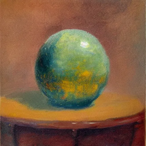 Prompt: impressionist painting of a spherical boulder on a pedestal with a match stick in its side, brown background