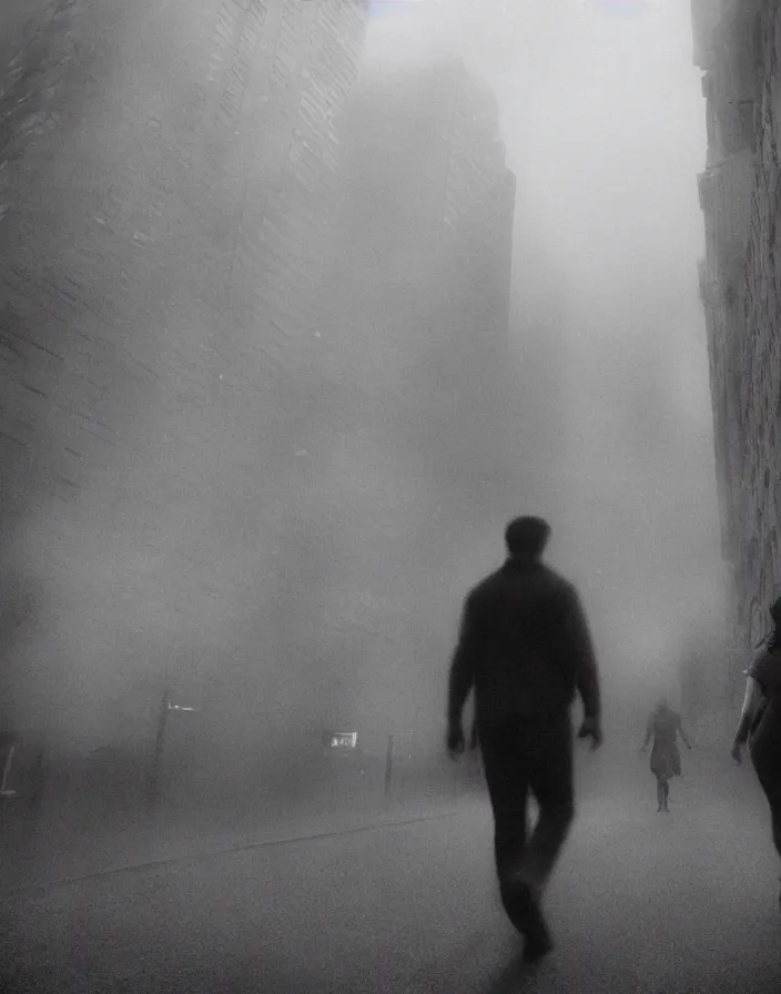 Image similar to very low - resolution found footage of a couple escaping in the city from a starfish kaiju monster, fog, foggy, korean film noir, monochrome, red hue, thriller, underdeveloped, epic, dramatic