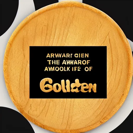 Prompt: an award that is a golden cookie made of wood