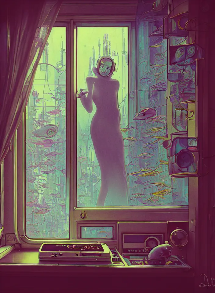 Image similar to telephoto 7 0 mm f / 2. 8 iso 2 0 0 photograph depicting the feeling of chrysalism in a cosy safe cluttered french sci - fi ( ( art nouveau ) ) cyberpunk apartment in a pastel dreamstate art cinema style. ( cat ) ( ( fish tank ) ), ambient light.