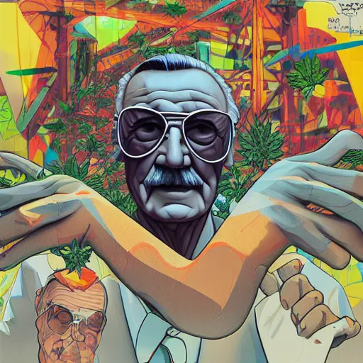 Image similar to profile picture of stan lee, weed, graffiti, hard edges, geometric 3 d shapes, stoned, og, trippy, asymmetrical, surreal, marijuana, 8 k, smoke, highly detailed masterpiece by sachin teng
