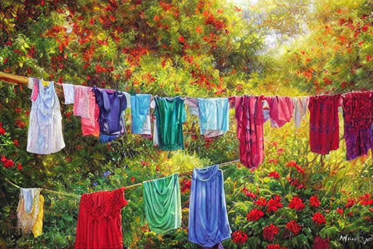 Image similar to summer dresses drying in the sun, created by Mark Keathley