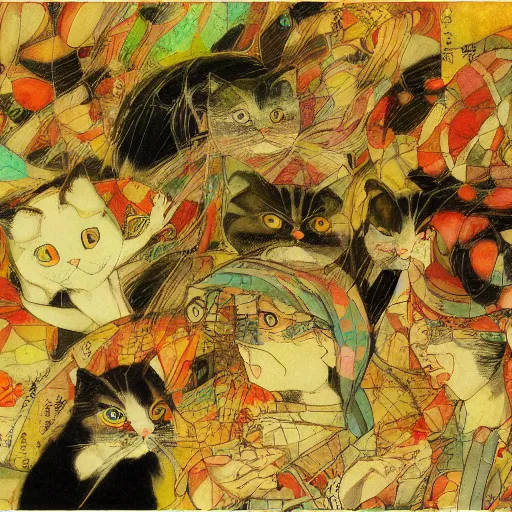 Prompt: yoshitaka amano illustration of a cat, abstract patterns in the background, satoshi kon anime, noisy film grain effect, highly detailed, renaissance oil painting, weird portrait angle, blurred lost edges, three quarter view