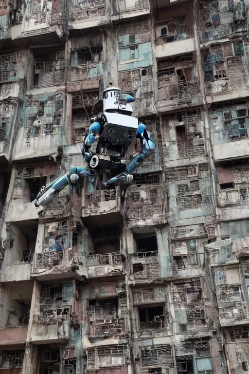 Image similar to long shot of a robot climbing up the side of kowloon walled city, photograph of a climbing robot