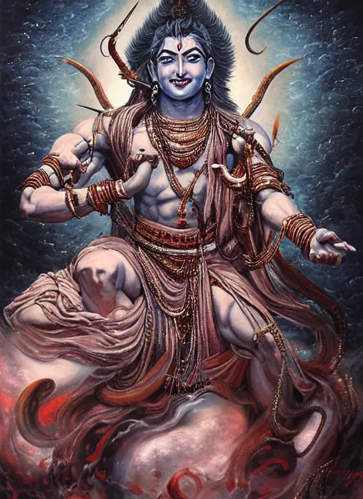 Prompt: god shiva the destroyer, 4 arms!!! an ultrafine detailed painting by ayami kojima, cgsociety, fantasy, anime digital art, lovecraftian, cosmic horror, detailed painting