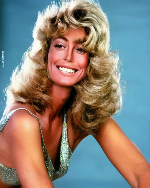 Image similar to closeup portrait of a beautiful young farrah fawcett in a sports illustrated photoshoot, rim lighting, glamour pose, hyper realistic, soft lighting,,, hd, octane, arney freytag!!!