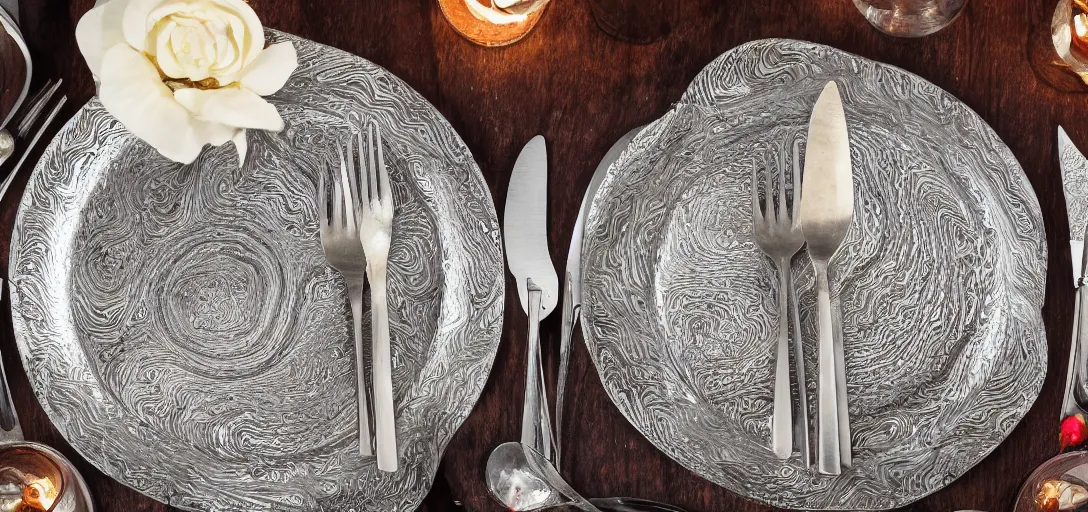 Image similar to plate made of finley detailed damascus steel, jeweled table cloth, silver knives and forks, candlelight, fireplace wide angle photograph