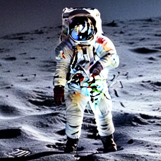 Prompt: medium - shot photo of david bowie!! wearing a space suit walking on the moon!! surface!!,