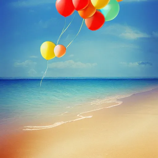 Image similar to a lot of floating birthday balloons. beautiful beach. digital art, highly - detailed, artstation cgsociety masterpiece