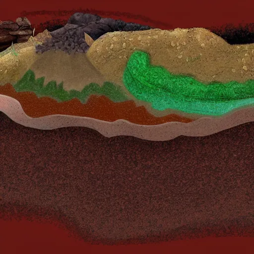 Image similar to a side profile of earth soil and rock layers, with hidden bones, gems and treasures, digital painting