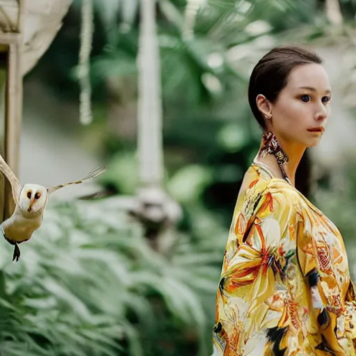 Image similar to head to shoulder portrait film photograph of an elegant top model wearing a yellow kimono with a very detailed barn owl on her shoulder!!! in a tropical greenhouse. looking at the camera!!. super resolution. 85 mm f1.8 lens.bokeh. graflex. by Alessio albi !