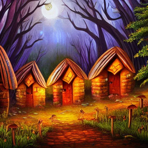 Prompt: village made of mushroom houses with doors and windows in enchanted forest landscape luminescent detailed oil painting 4 k