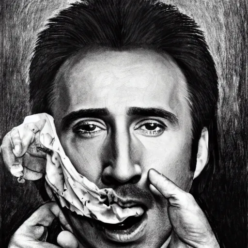 Image similar to highly detailed portrait of nicolas cage without a shirt laying down inside of a banana, 4 k, in the style of caravaggio, monet, botticelli and dali