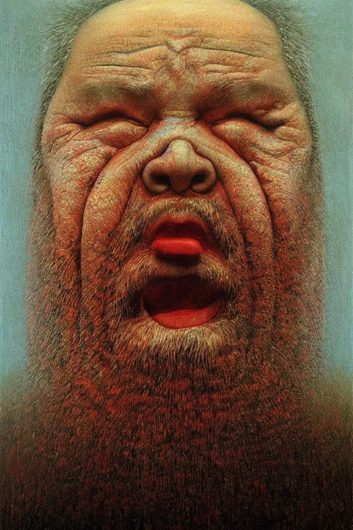 Image similar to ascii art, hyperrealism oil painting, portrait scary ai weiwei style zdzislaw beksinski