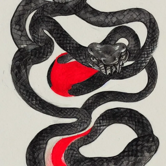 Prompt: concept art by michelangelo, pencil and watercolor. a japanese mask representing a snake, black and white with red accents