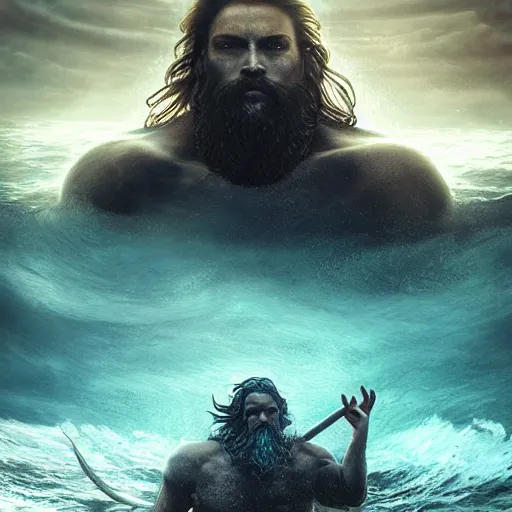 Image similar to gigantic, commanding menacing vengeful ancient god poseidon rising out of the ocean waters portrait, mysterious atmospheric lighting, painted, intricate, volumetric lighting, beautiful, rich deep colours masterpiece, golden hour, sharp focus, ultra detailed, by leesha hannigan, ross tran, thierry doizon, kai carpenter, ignacio fernandez rios