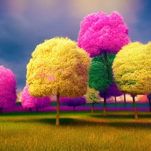 Image similar to Colorful fluffy trees in a field, octane render, volumetric lighting, 4K