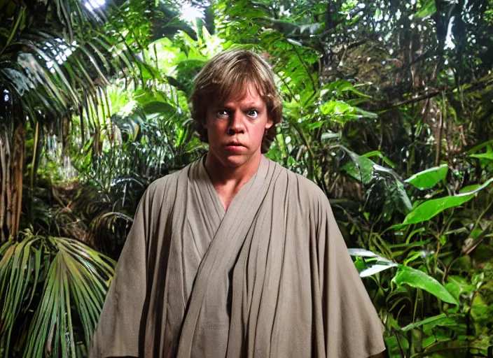 Image similar to Luke Skywalker at the new jedi temple school, in the jungle. Photographed with Leica Summilux-M 24 mm lens, detailed photorealistic face, ISO 100, f/8, Portra 400