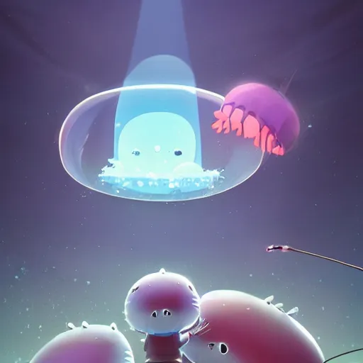 Prompt: baby harp seals being eaten by a jellyfish robots on a crystalline alien world, atey ghailan, goro fujita, studio ghibli, scary lighting, clear focus, very coherent