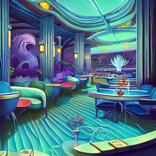 Prompt: beautiful Peter Mohrbach and tyler edlin highly detailed illustration of an underwater art deco lounge