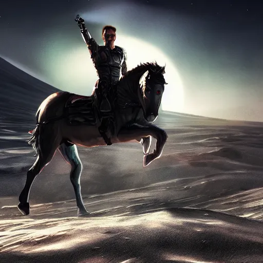 Prompt: A hyper real comic book style portait painting of the Terminator riding a horse on the moon, unreal 5, hyperrealistic, octane render, cosplay, RPG portrait, dynamic lighting