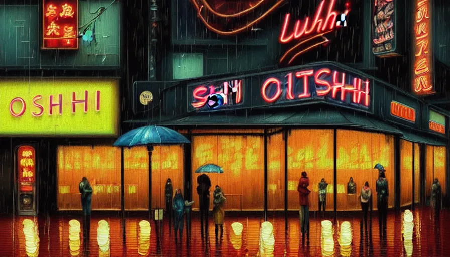 Image similar to oil painting of a neon sign storefront sushi restaurant, raining, busy street, cyberpunk, romantisism, outrun, synthwave, painting, detailed, by katia chausheva and android jones