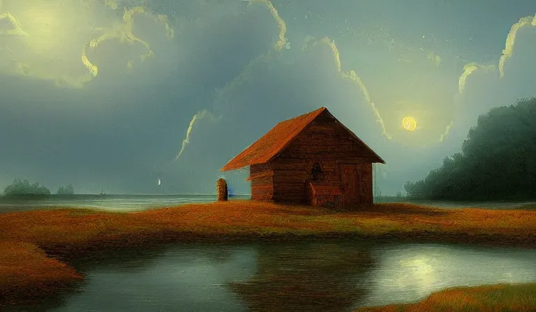 Prompt: A serene landscape with a singular building in the style of Edward Moran.